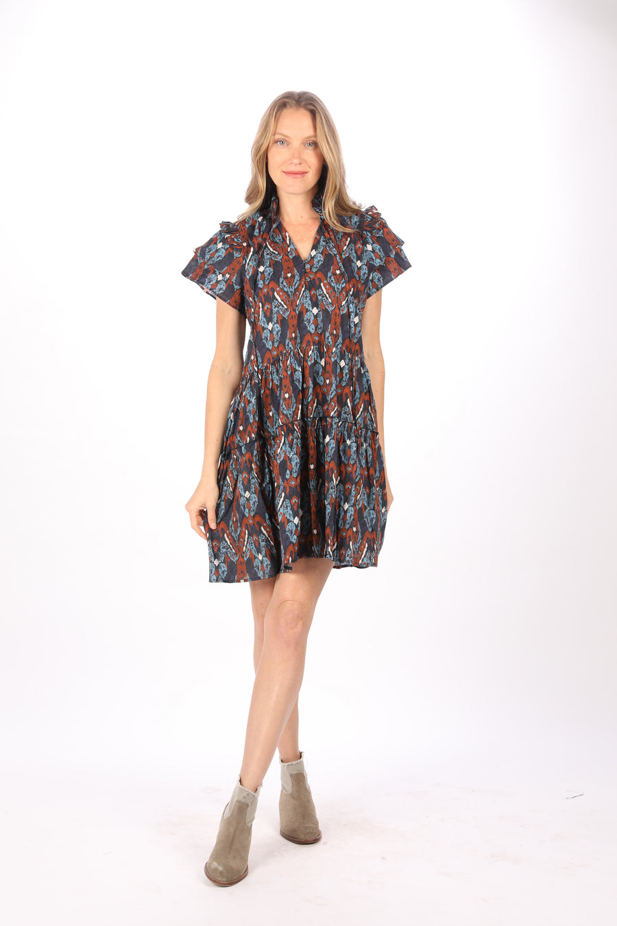 Side view of Bindu Nadia Dress Wedgwood cotton tiered floral dress with seasonal print