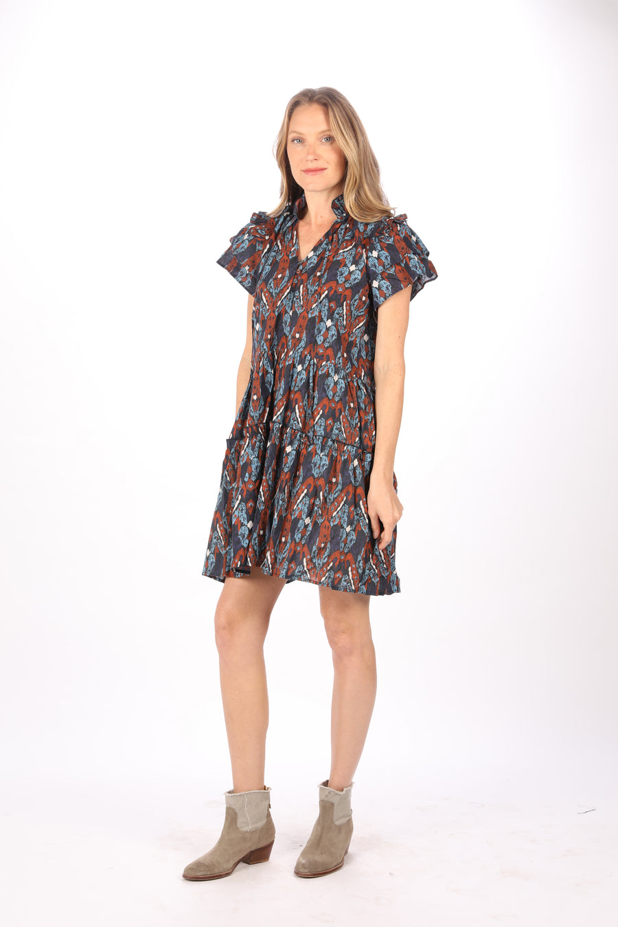 Side view of Bindu Nadia Dress Wedgwood cotton tiered floral dress with seasonal print