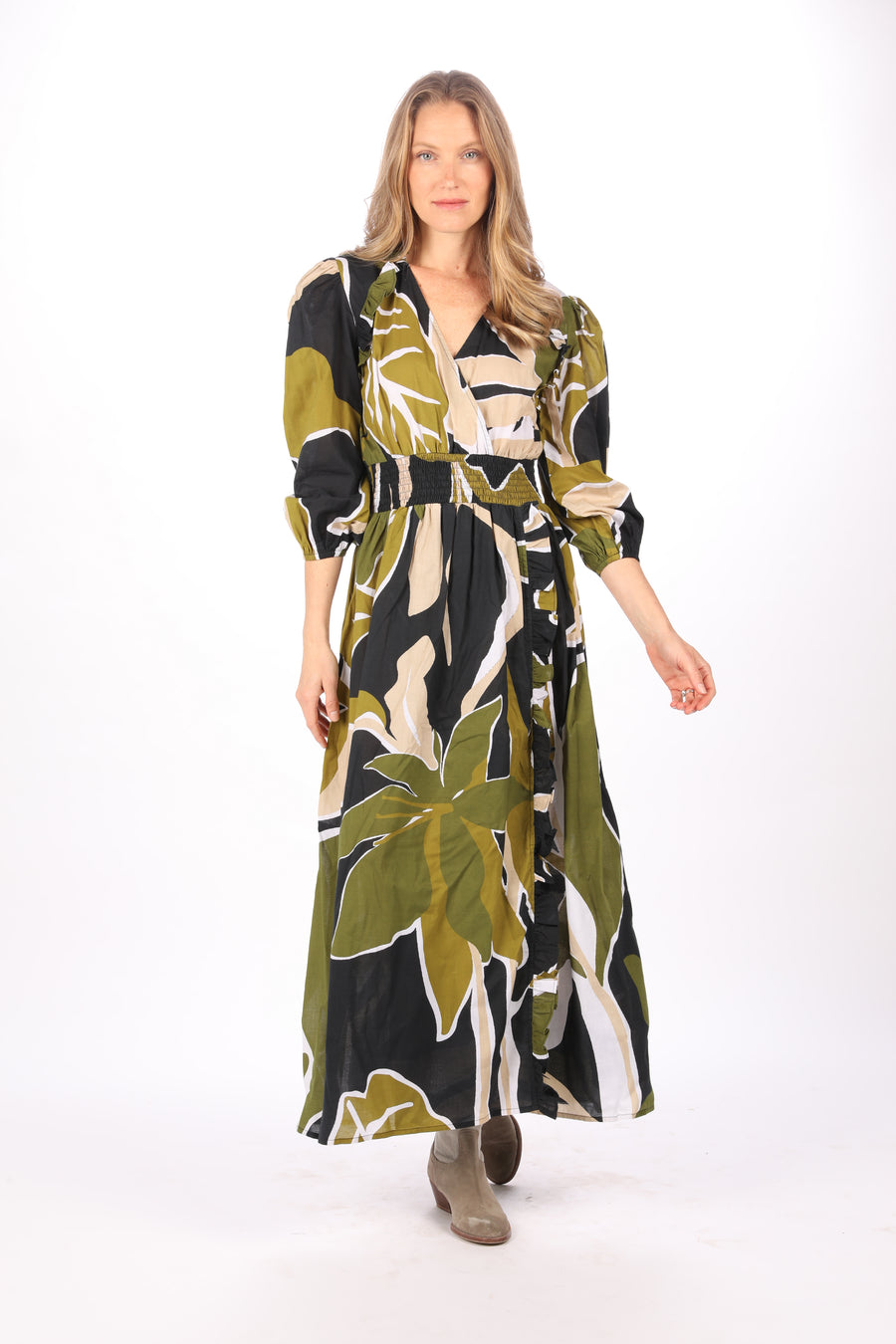 Bindu Pia Dress Black Olive – cotton maxi dress with elastic waist, long sleeves, and front slit
