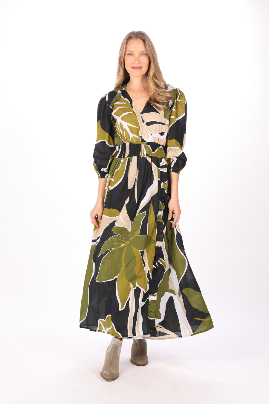 Bindu Pia Dress Black Olive – cotton maxi dress with elastic waist, long sleeves, and front slit