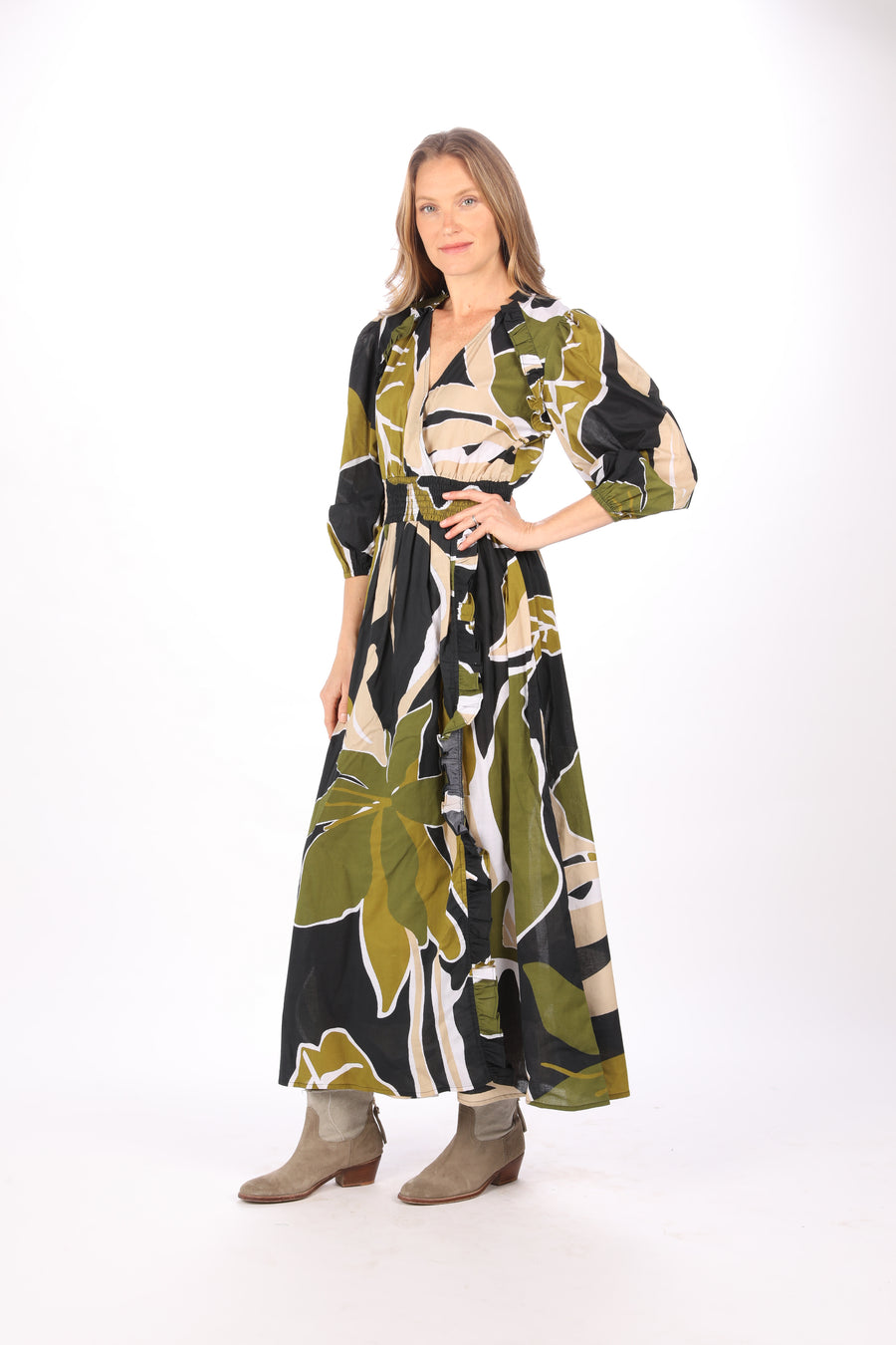 Bindu Pia Dress Black Olive – cotton maxi dress with elastic waist, long sleeves, and front slit