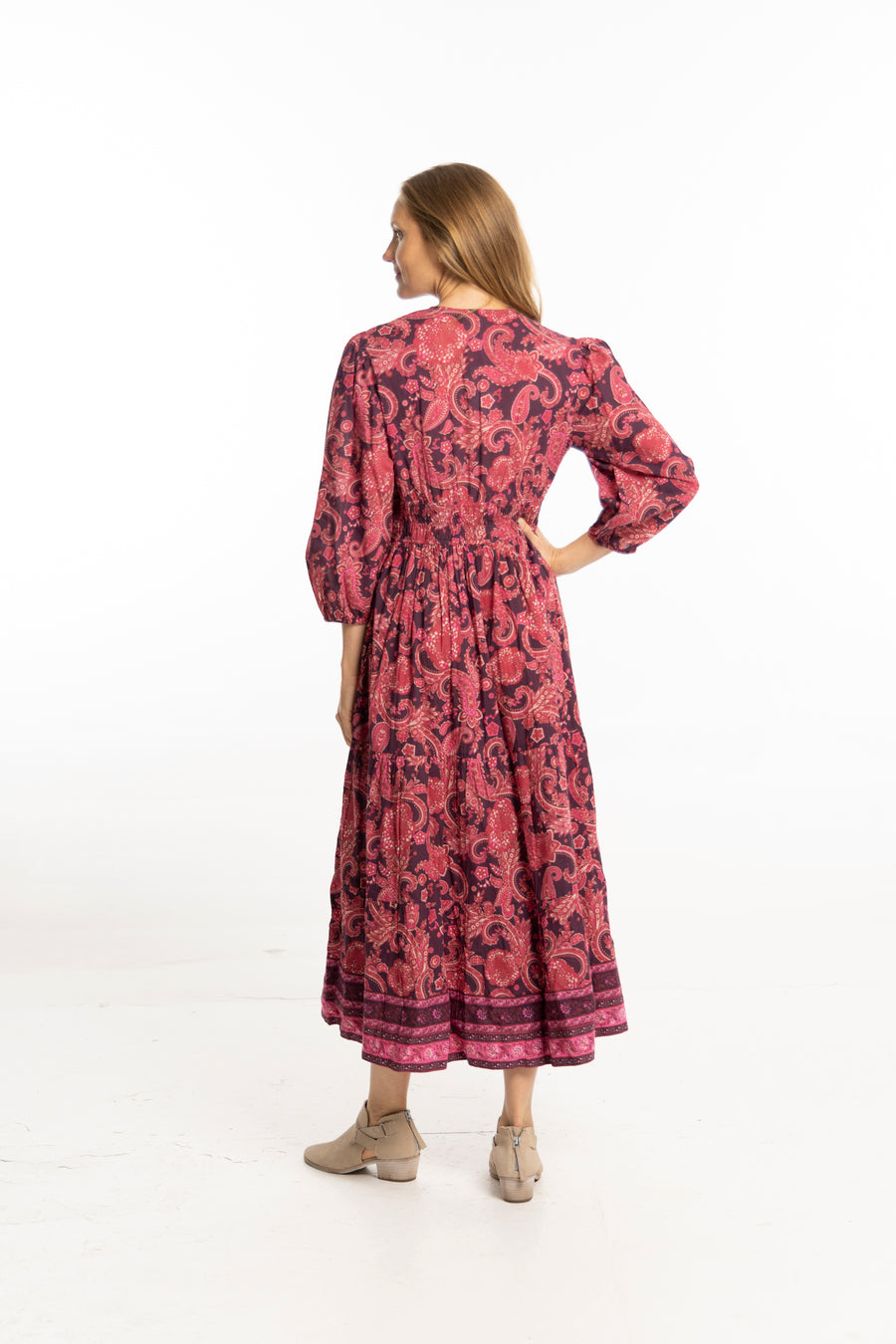 Bindu Sonia Dress Plum – cotton maxi dress with floral print, plunging neckline, and elastic waist