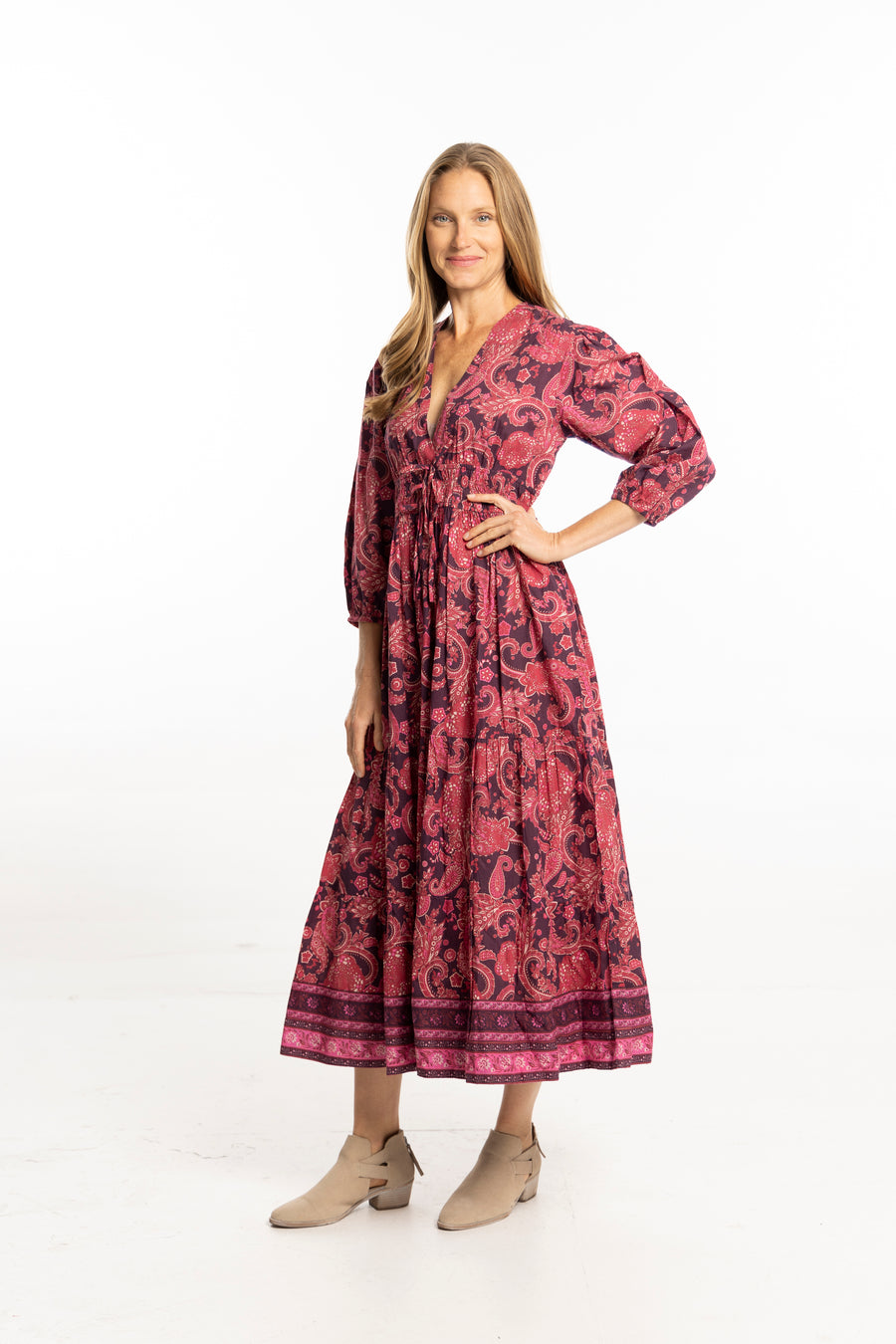 Bindu Sonia Dress Plum – cotton maxi dress with floral print, plunging neckline, and elastic waist