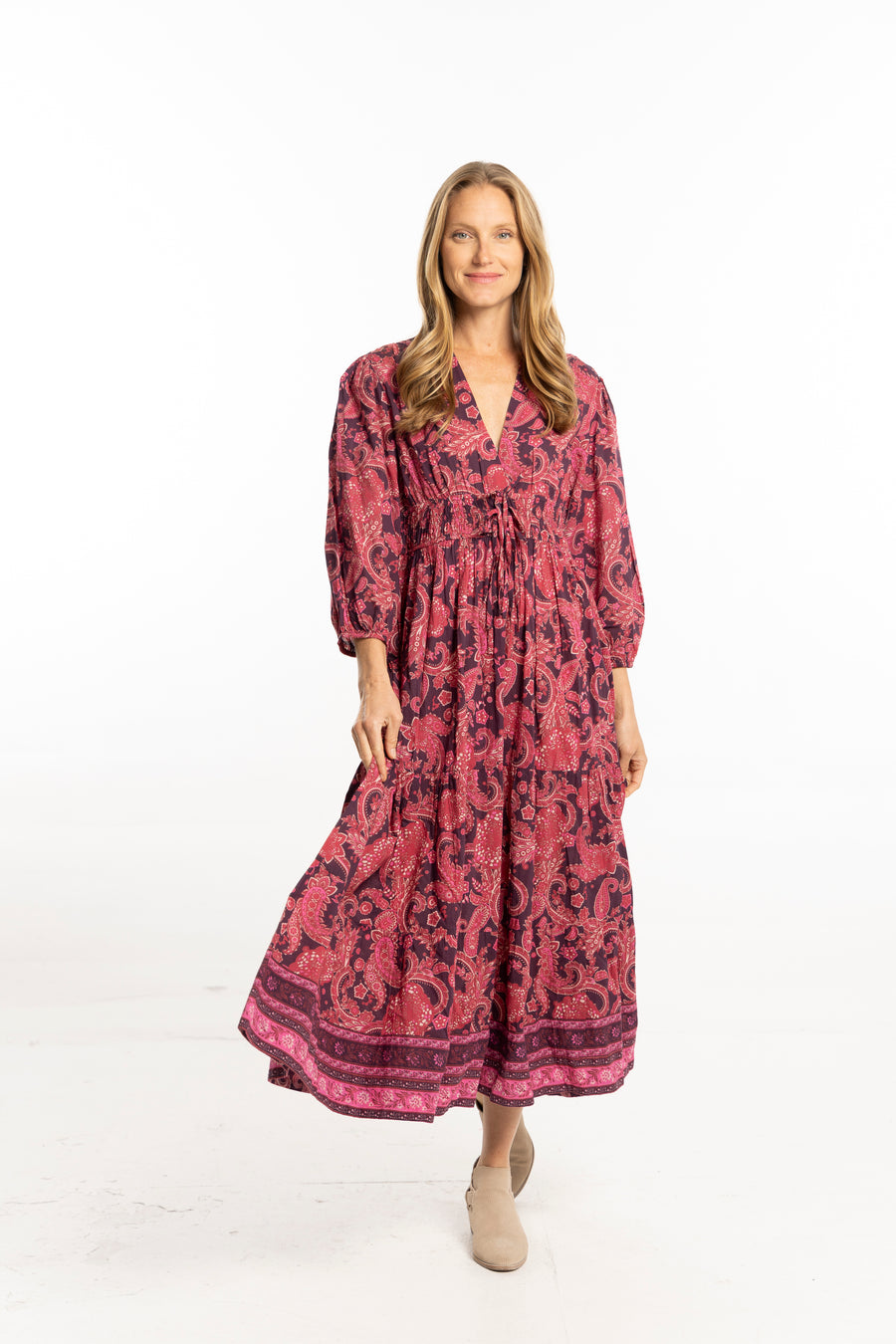 Bindu Sonia Dress Plum – cotton maxi dress with floral print, plunging neckline, and elastic waist