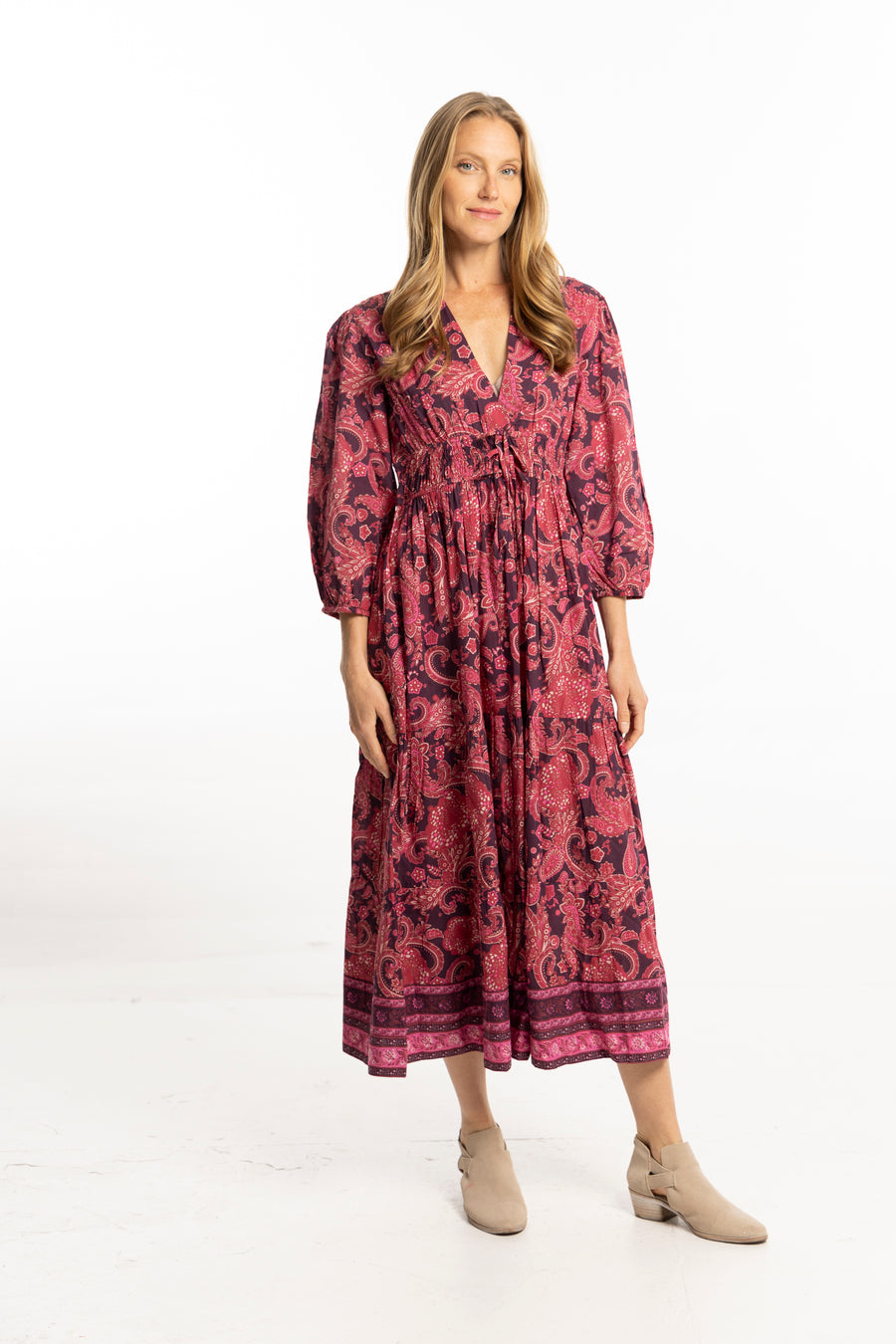 Bindu Sonia Dress Plum – cotton maxi dress with floral print, plunging neckline, and elastic waist