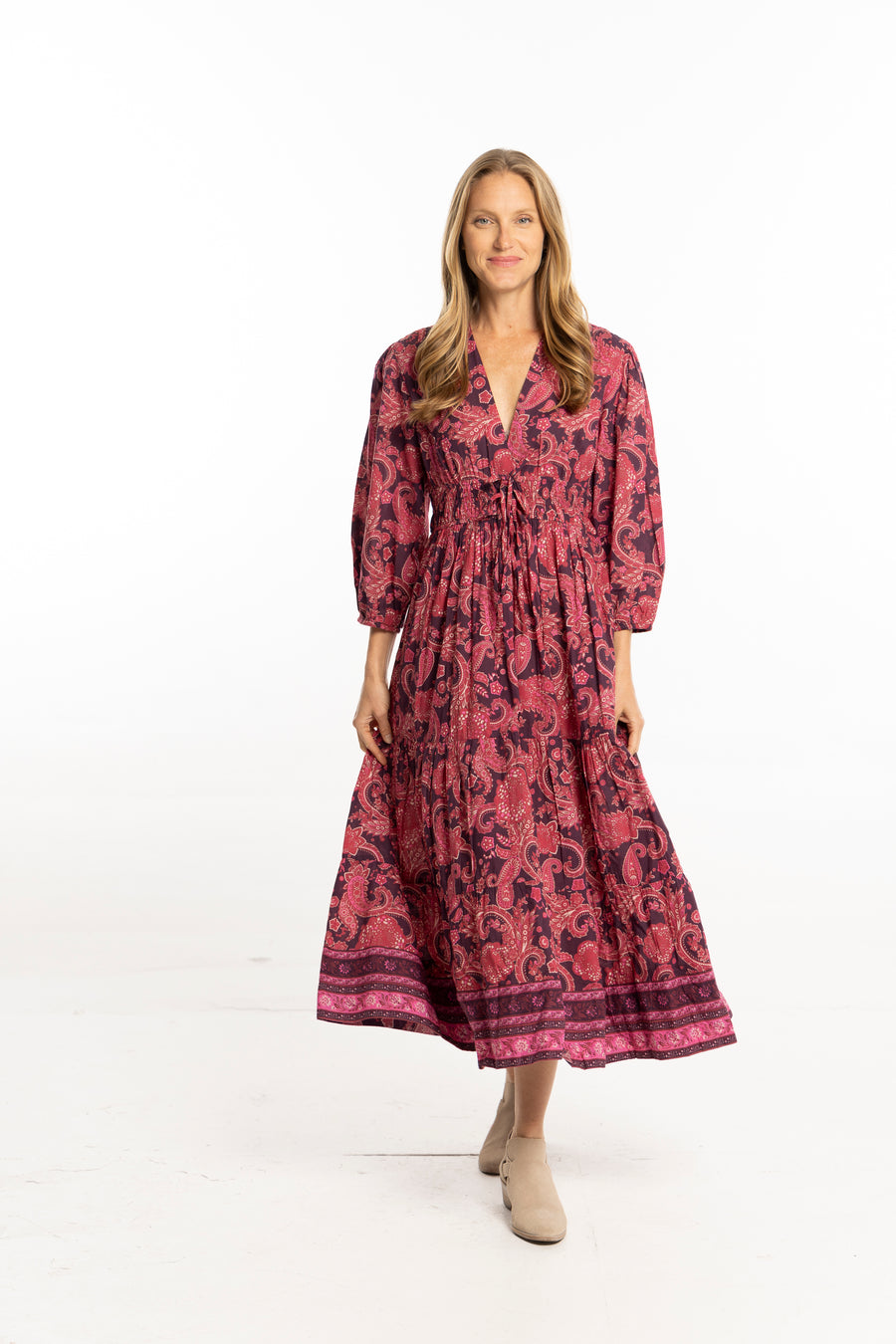 Bindu Sonia Dress Plum – cotton maxi dress with floral print, plunging neckline, and elastic waist