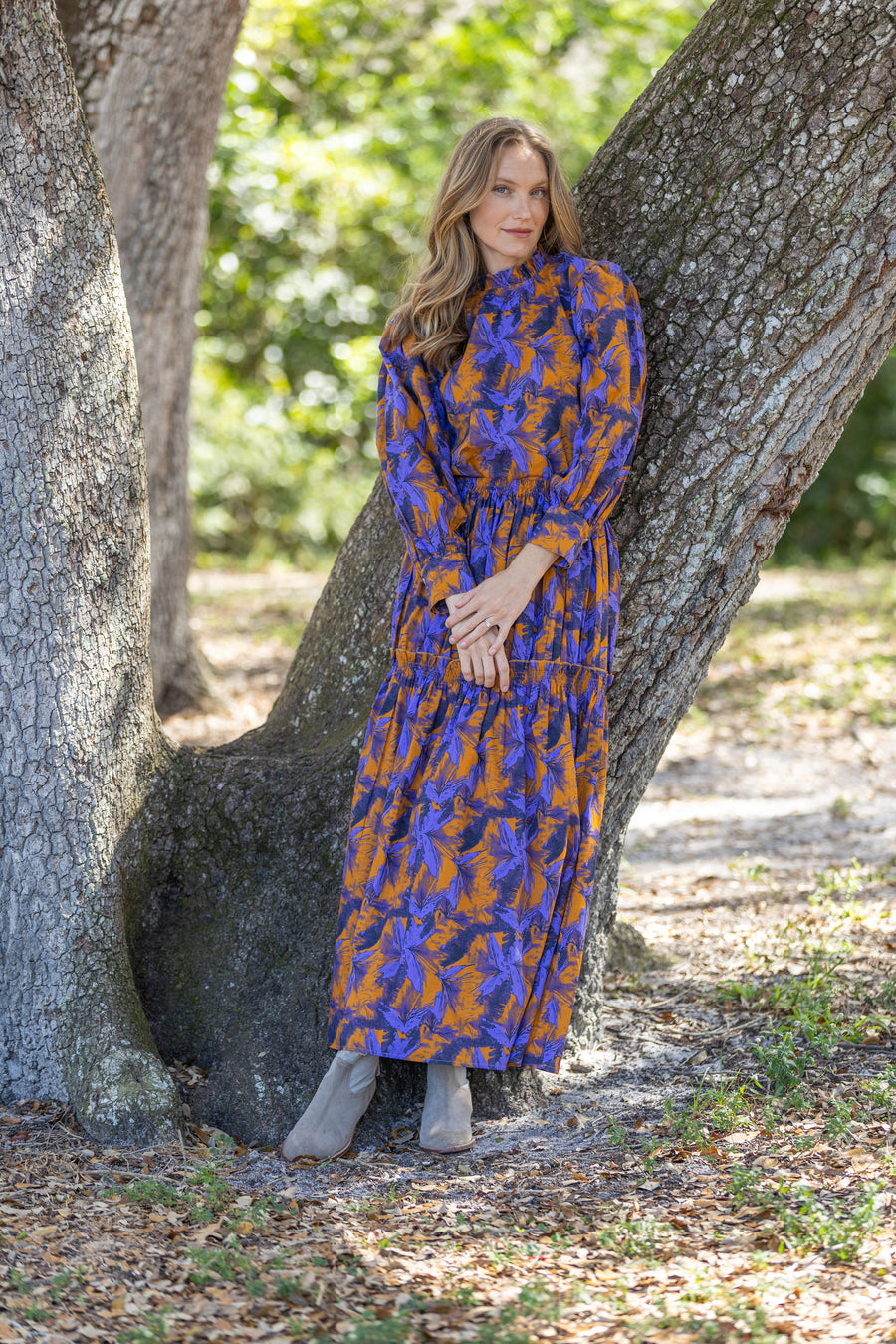 Bindu Tessa Top Burnt Orange/Violet – cotton high-neck blouse with long puffed sleeves in autumn color