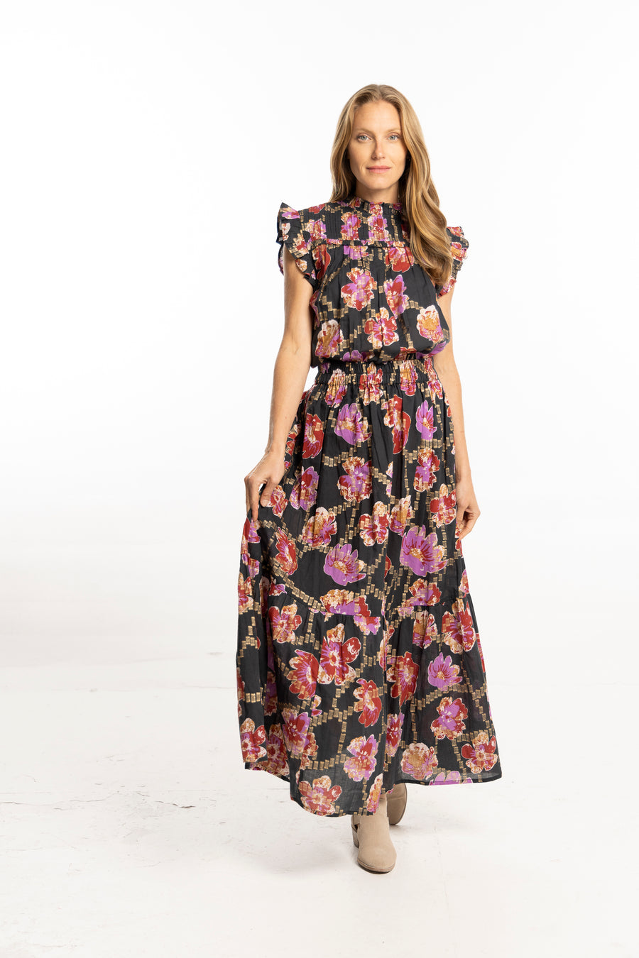 Bindu Willow Skirt Metallic – cotton maxi skirt with elastic waist and metallic floral print