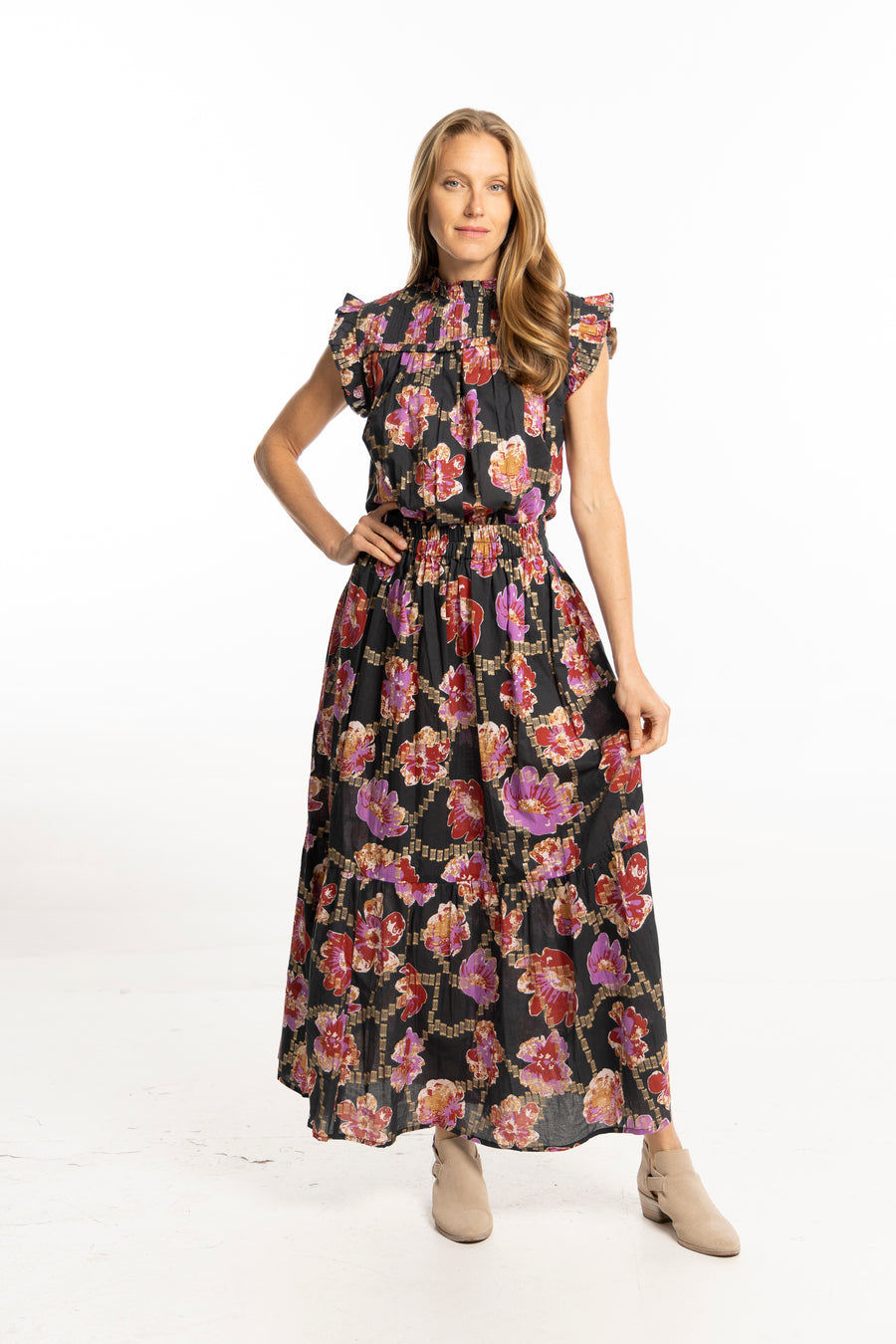 Bindu Willow Skirt Metallic – cotton maxi skirt with elastic waist and metallic floral print