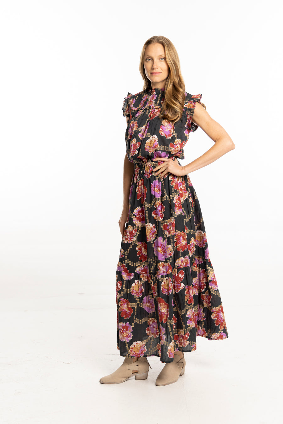 Bindu Willow Skirt Metallic – cotton maxi skirt with elastic waist and metallic floral print