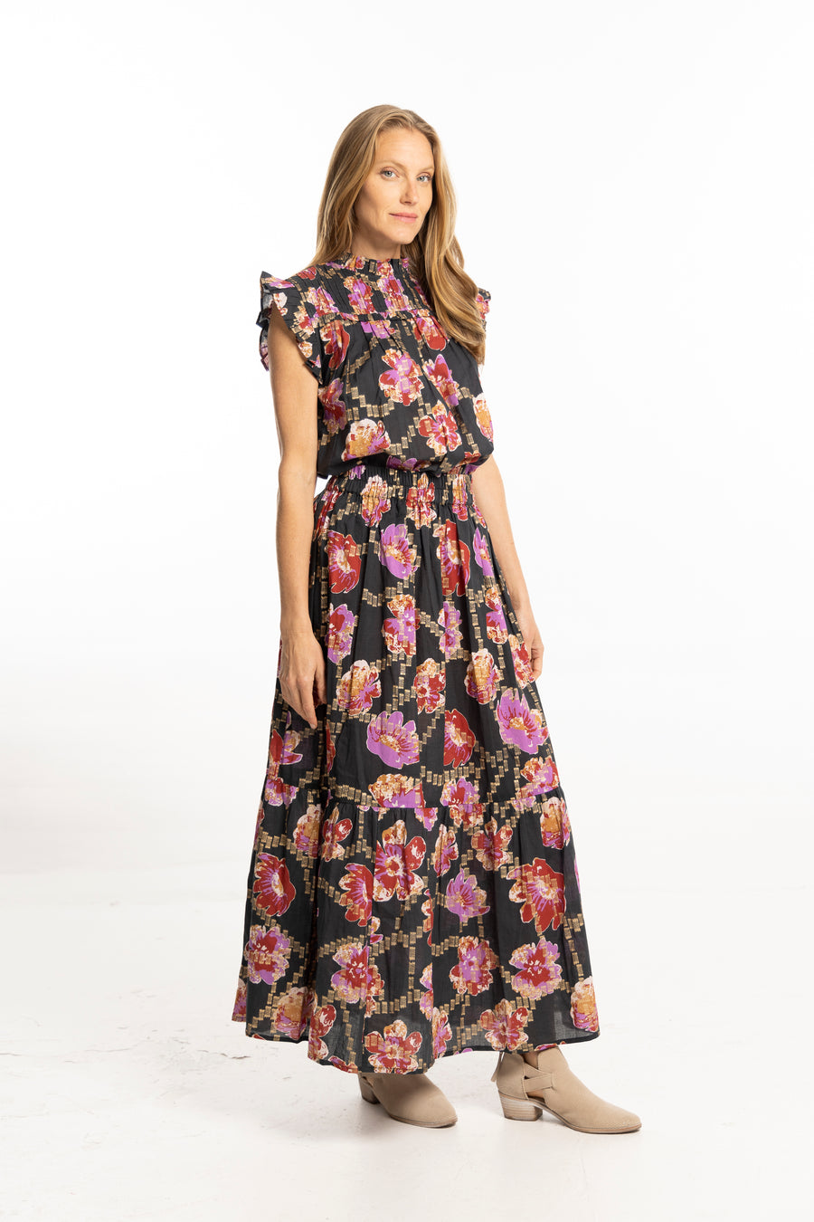 Bindu Willow Skirt Metallic – cotton maxi skirt with elastic waist and metallic floral print