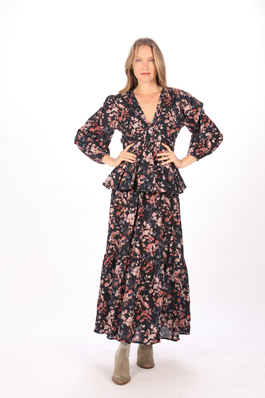 Front view of Bindu Willow Skirt Night Shades cotton maxi skirt with seasonal floral prints