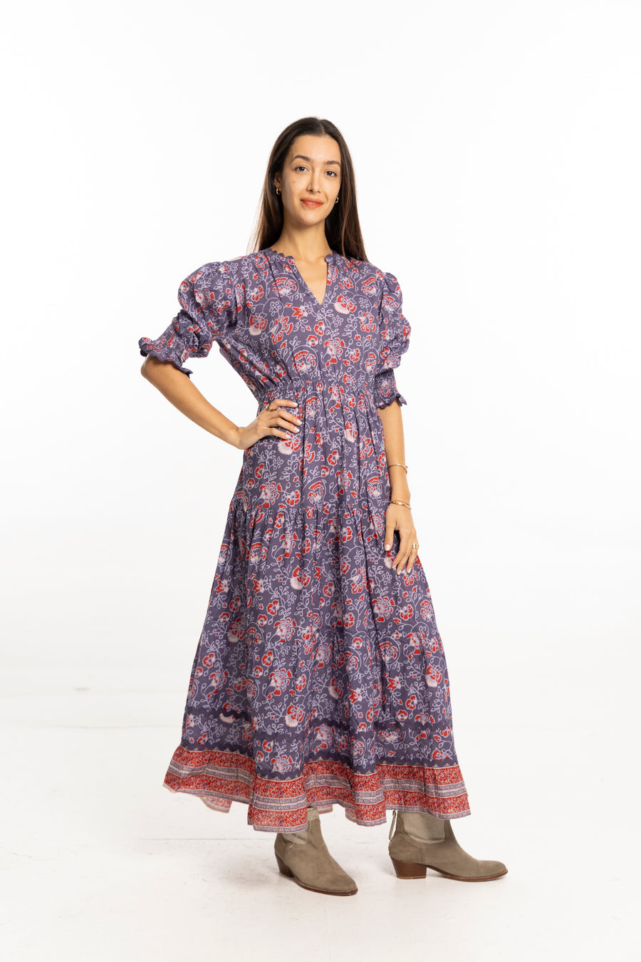 Dana Dress Blue Ribbon by Bindu – cotton autumn dress with cinched waist and puff sleeves