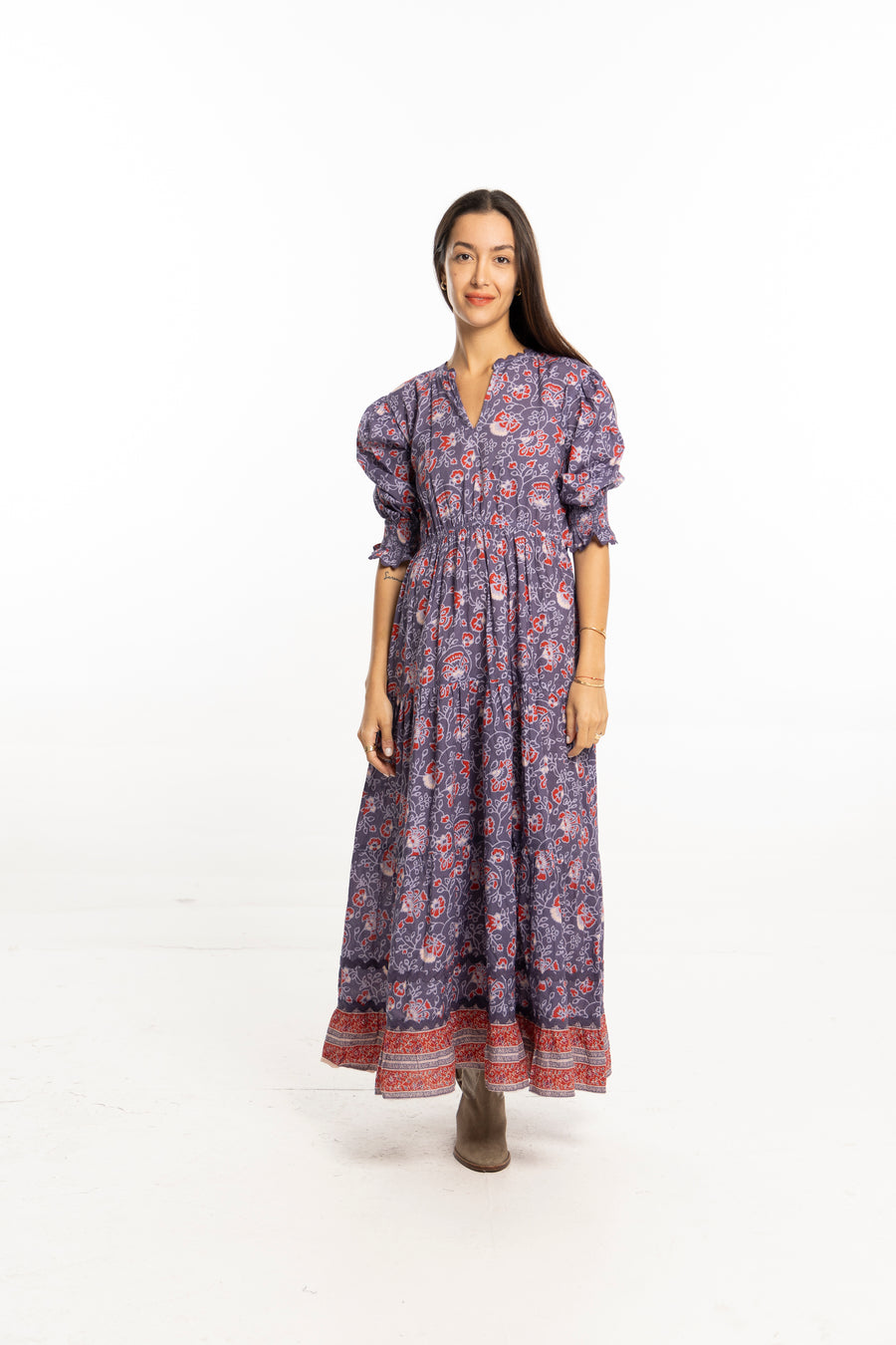 Dana Dress Blue Ribbon by Bindu – cotton autumn dress with cinched waist and puff sleeves