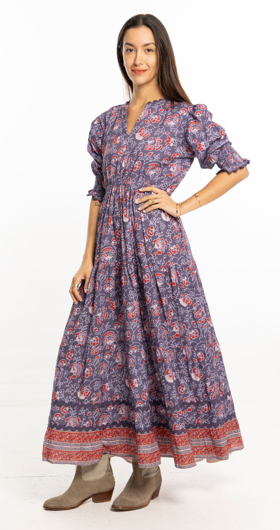 Dana Dress Blue Ribbon by Bindu – cotton autumn dress with cinched waist and puff sleeves