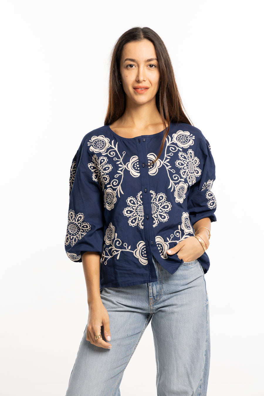 The Egla Blouse in Navy by Bindu blends autumn elegance with comfort—crafted in embroidered cotton for a refined, versatile seasonal look.