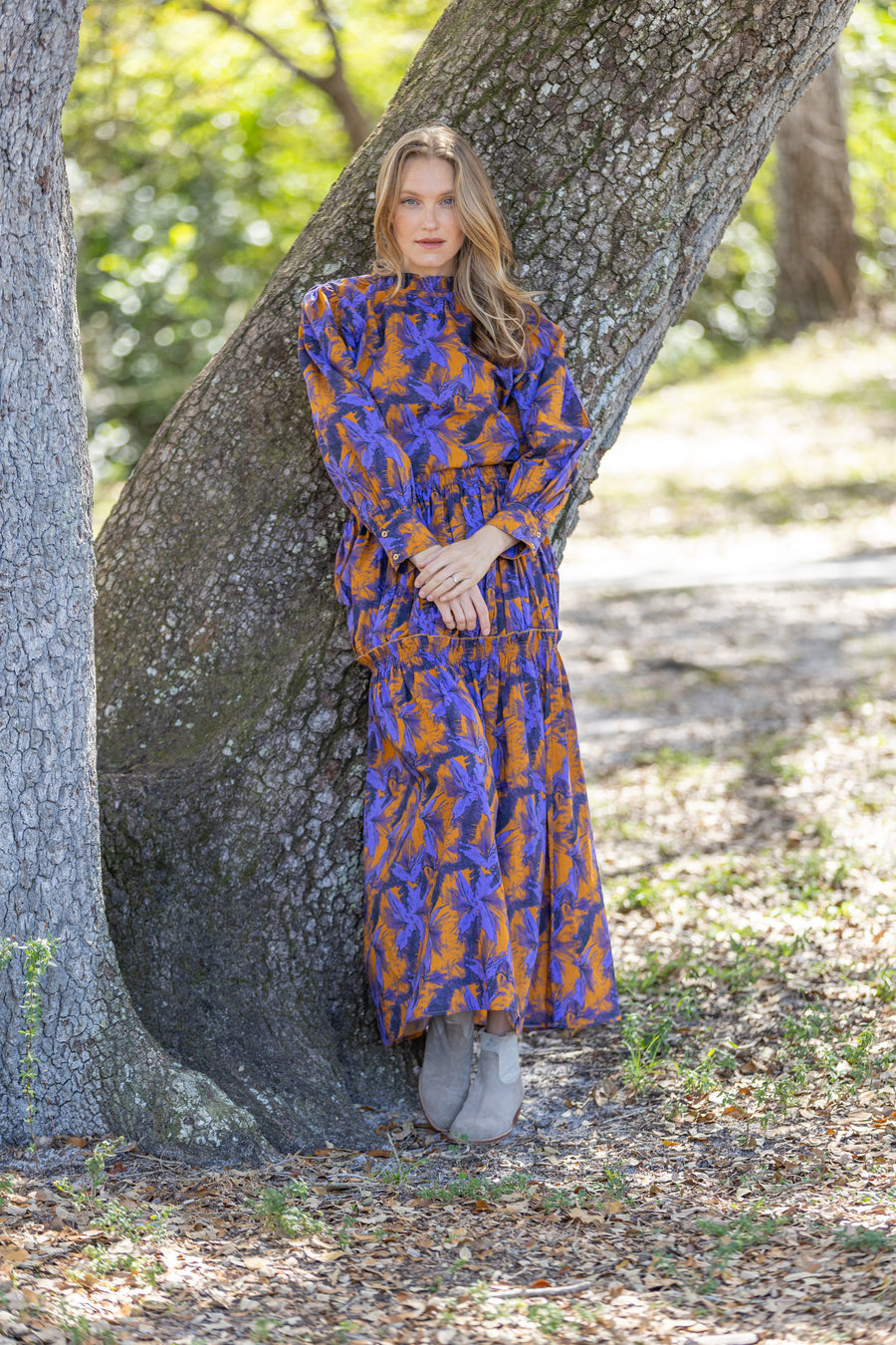Bindu Tessa Top Burnt Orange/Violet – cotton high-neck blouse with long puffed sleeves in autumn colors