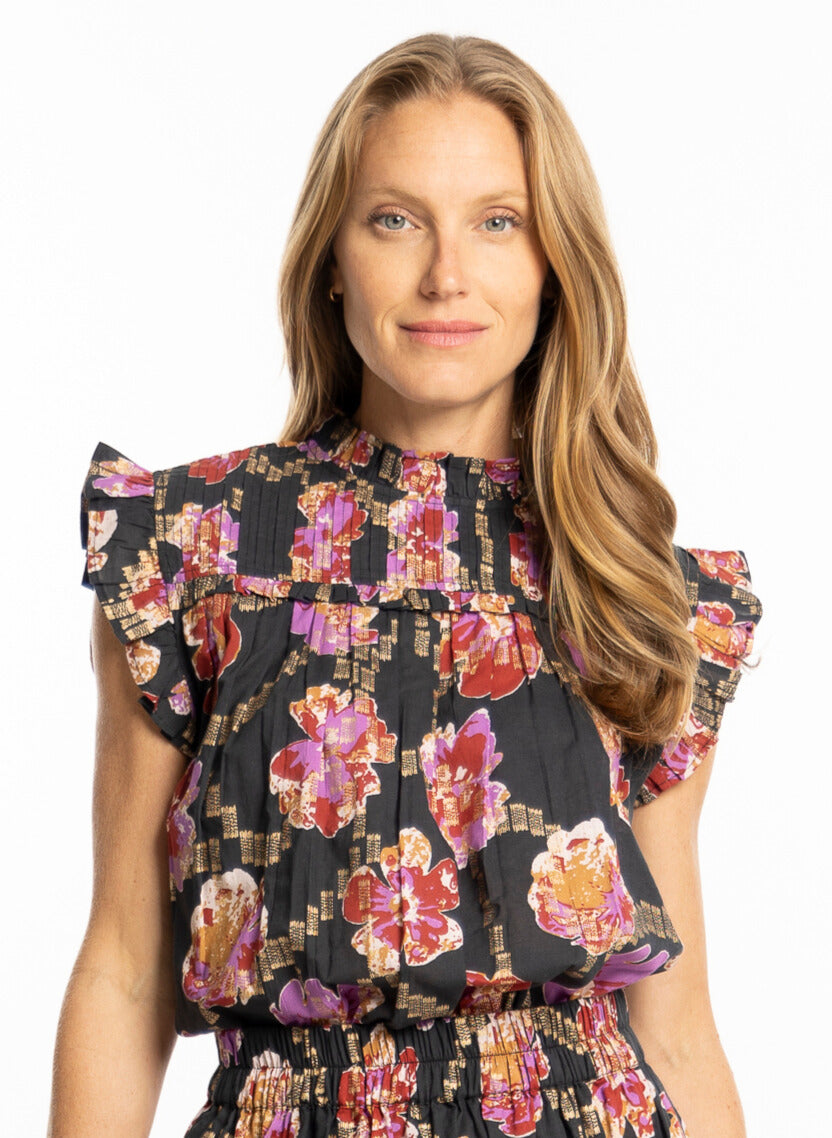 Karina Top Metallic by Bindu – cotton autumn blouse with metallic accents and pleated details