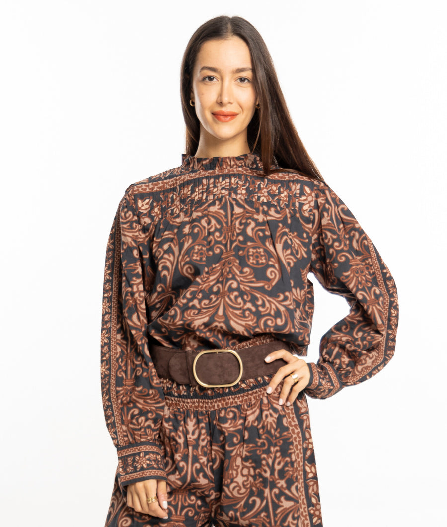 Malia Top Espresso by Bindu – high-quality cotton top with puff sleeves and frill neckline