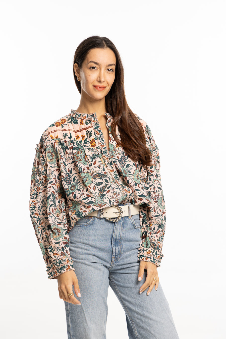 Mariana Blouse Crystal Print by Bindu – autumn cotton blouse with puff sleeves and frill neckline