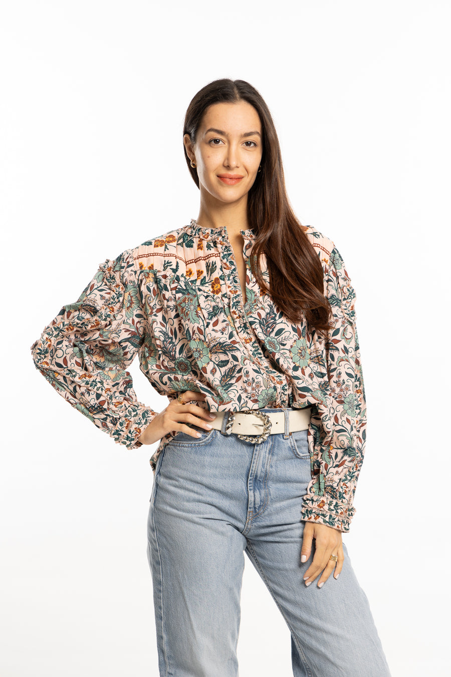 The Mariana Blouse in Crystal Print by Bindu features puff sleeves, frill details, and a pleated V-neckline—woven in cotton for chic autumn style.