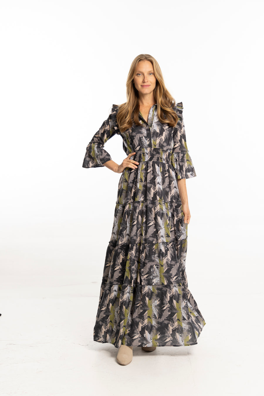 Mariella Dress Silver Black by Bindu – cotton autumn maxi dress with V-neckline and tiered skirt