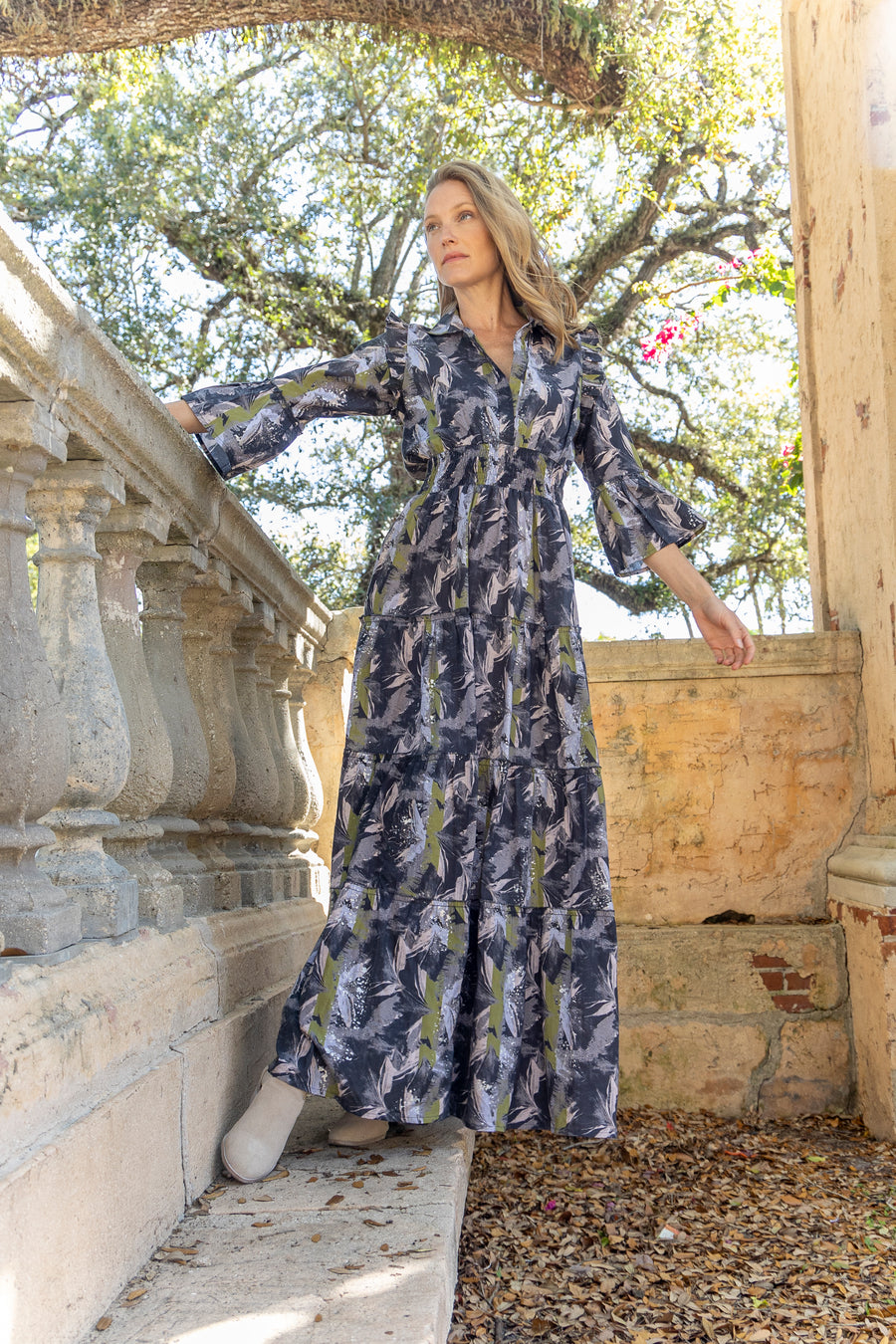 Mariella Dress Silver Black by Bindu – cotton autumn maxi dress with V-neckline and tiered skirt