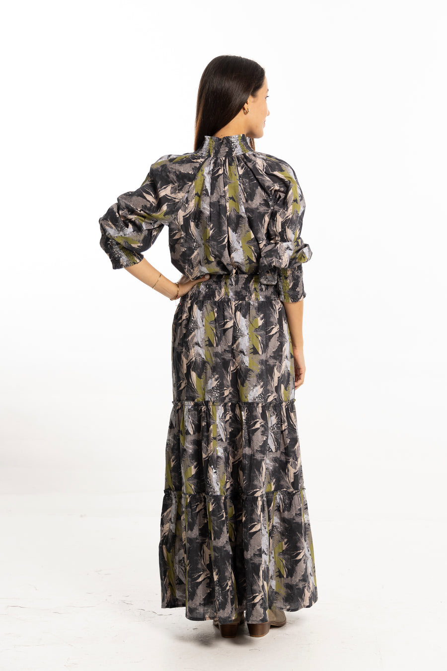 Nour Skirt Black Silver front view – autumn tiered skirt by Bindu
