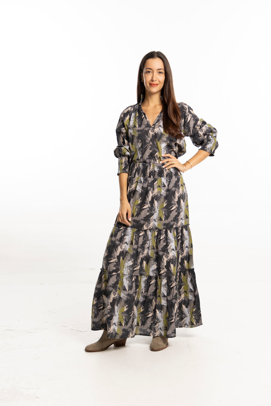 Nour Skirt Black Silver front view – autumn tiered skirt by Bindu