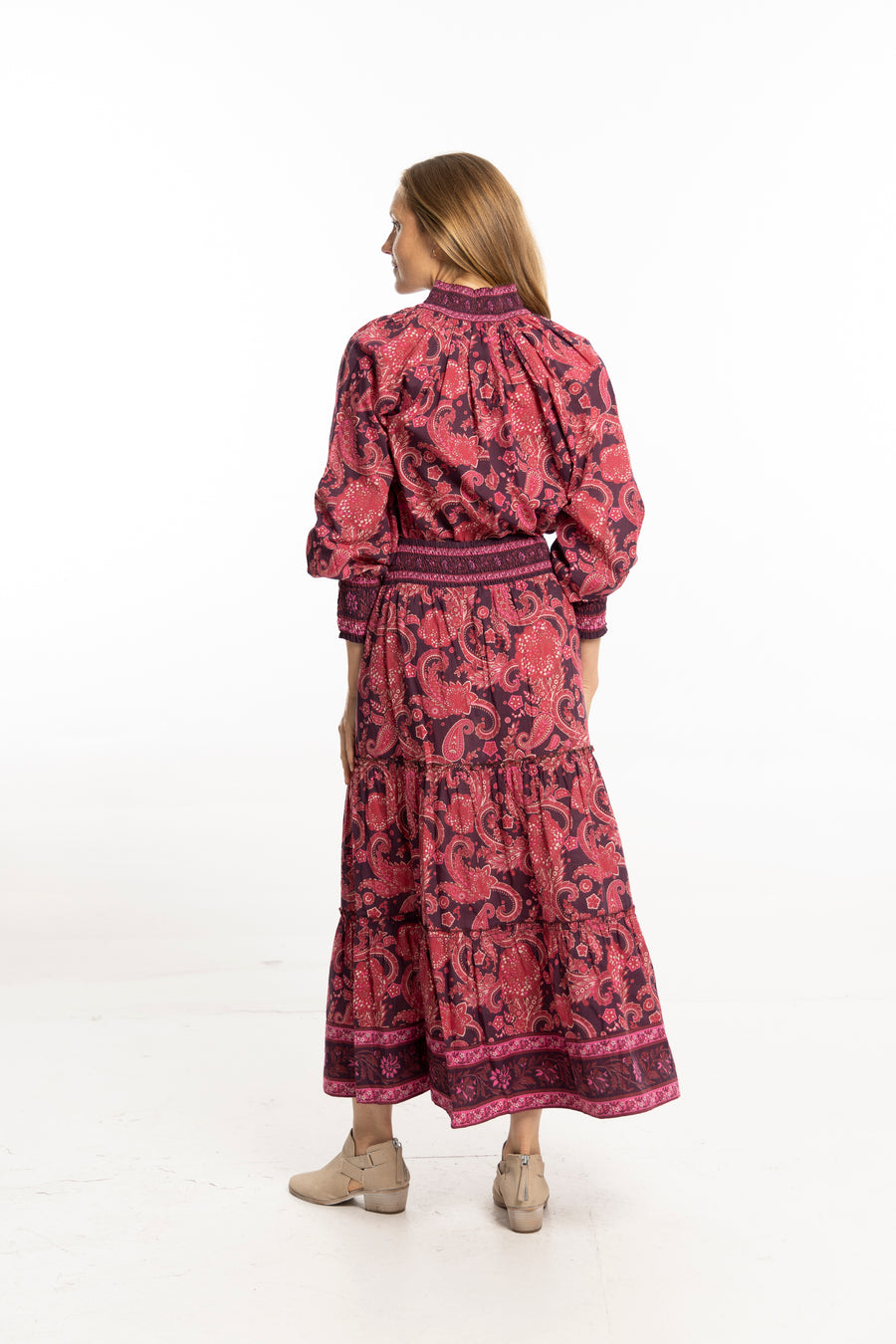 Nour Skirt Plum front view – burgundy tiered autumn skirt by Bindu
