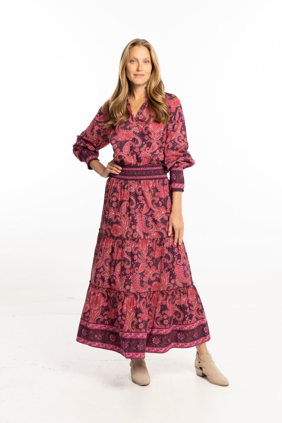 Nour Skirt Plum front view – burgundy tiered autumn skirt by Bindu