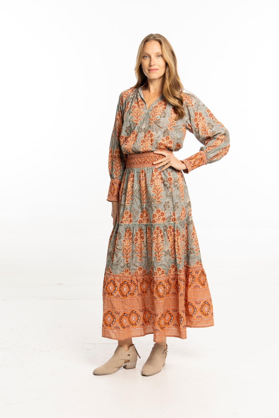 Nour Top Egyptian Teal by Bindu – cotton blouse with puff sleeves and autumn print