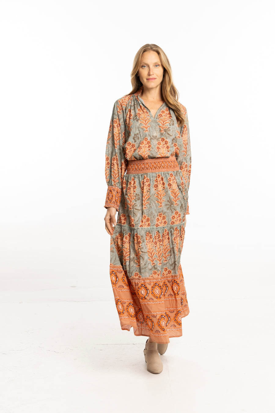Nour Top Egyptian Teal by Bindu – cotton blouse with puff sleeves and autumn print