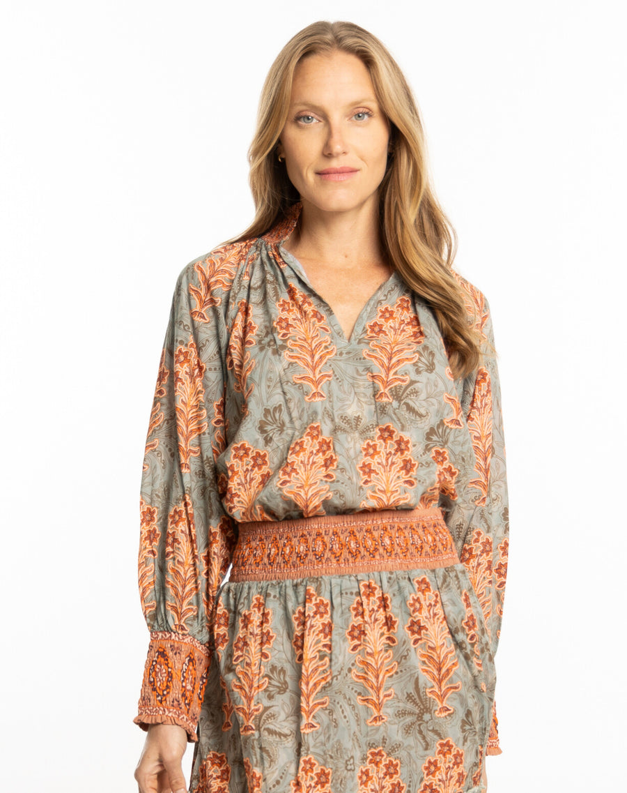 Nour Top Egyptian Teal by Bindu – cotton blouse with puff sleeves and autumn print