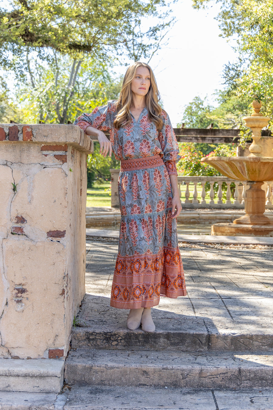 Nour Top Egyptian Teal by Bindu – cotton blouse with puff sleeves and autumn print