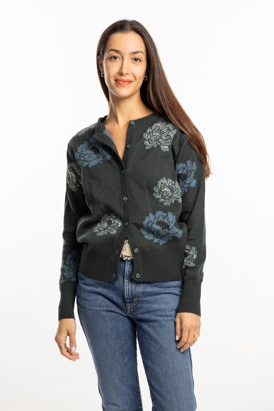 Phoebe Sweater Olive by Bindu – cotton-wool cardigan with floral embroidery and green buttons