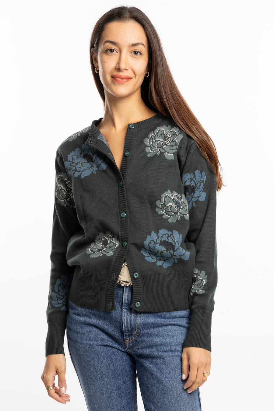 Phoebe Sweater Olive by Bindu – cotton-wool cardigan with floral embroidery and green buttons