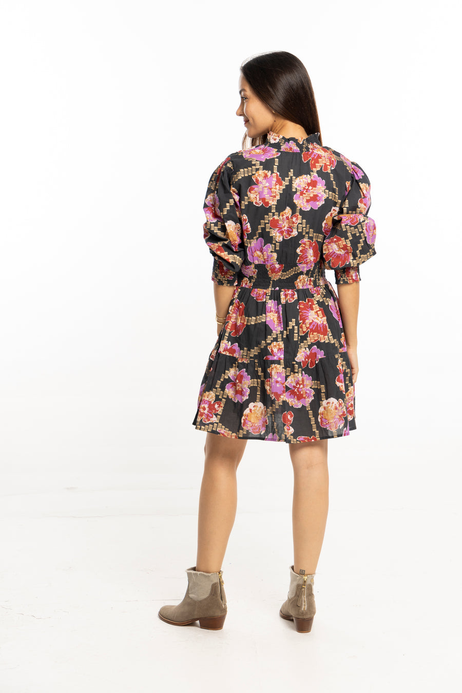 Back view Pippa Dress Metallic – high neck with buttons, autumn print, elastic waist