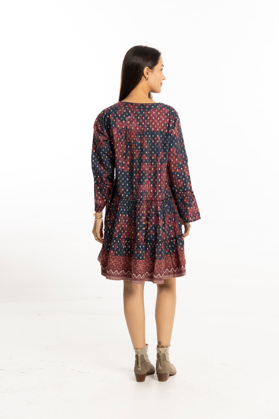 Salma Dress Berry Navy back view – autumn layering cotton dress