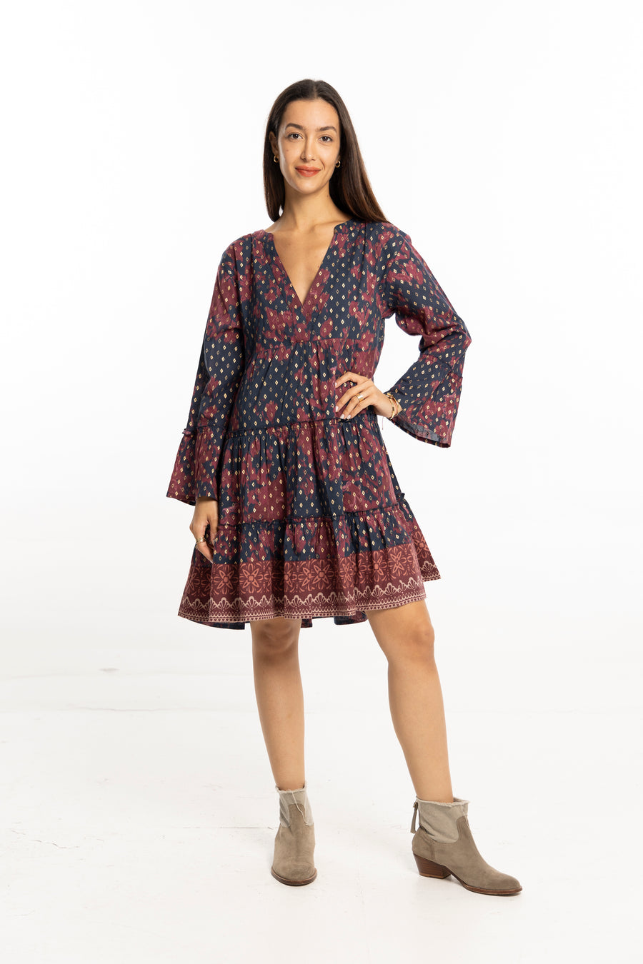 Salma Dress Berry Navy front view – long-sleeve autumn dress by Bindu
