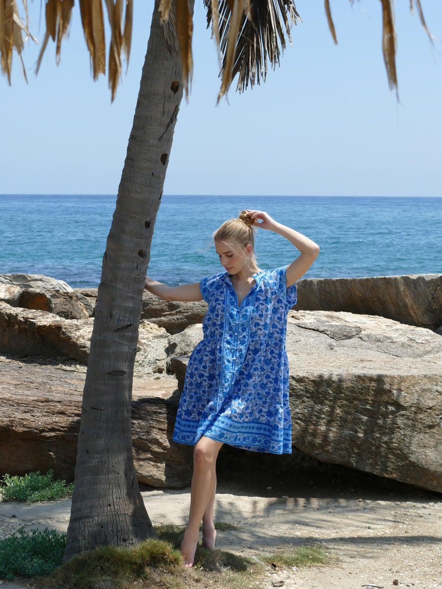 Stella Dress | Capri Blue | Floral Print | Bindu Clothing
